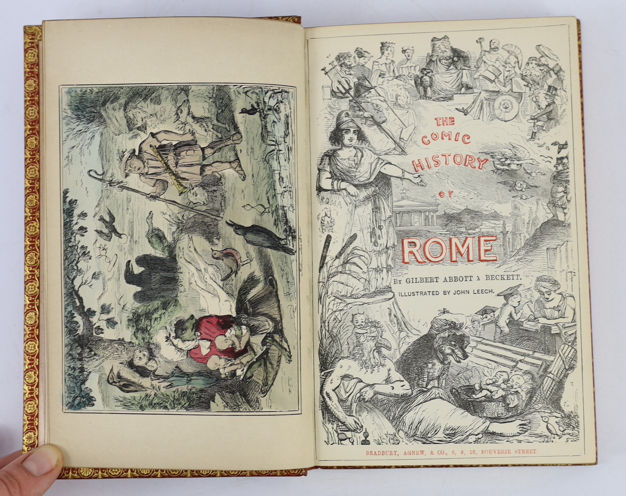 A’ Beckett, Gilbert Abbott - The Comic History of Rome, illustrated by John Leech, 8vo, red straight grained morocco gilt, with 10 hand-coloured plates, Bradbury, Agnew & Co., London, c.1880, uniformly bound with The Com